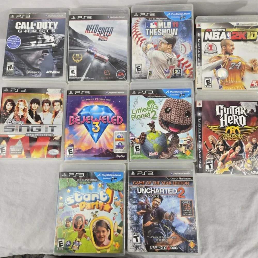 PS3 Lot of 10 PlayStation 3 Call Duty, NBA, Guitar, MLB, Uncharted 2, Speed Work